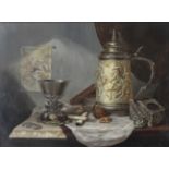 20th century school - Still life with medieval flagon and silver goblet, oil on panel, with monogram
