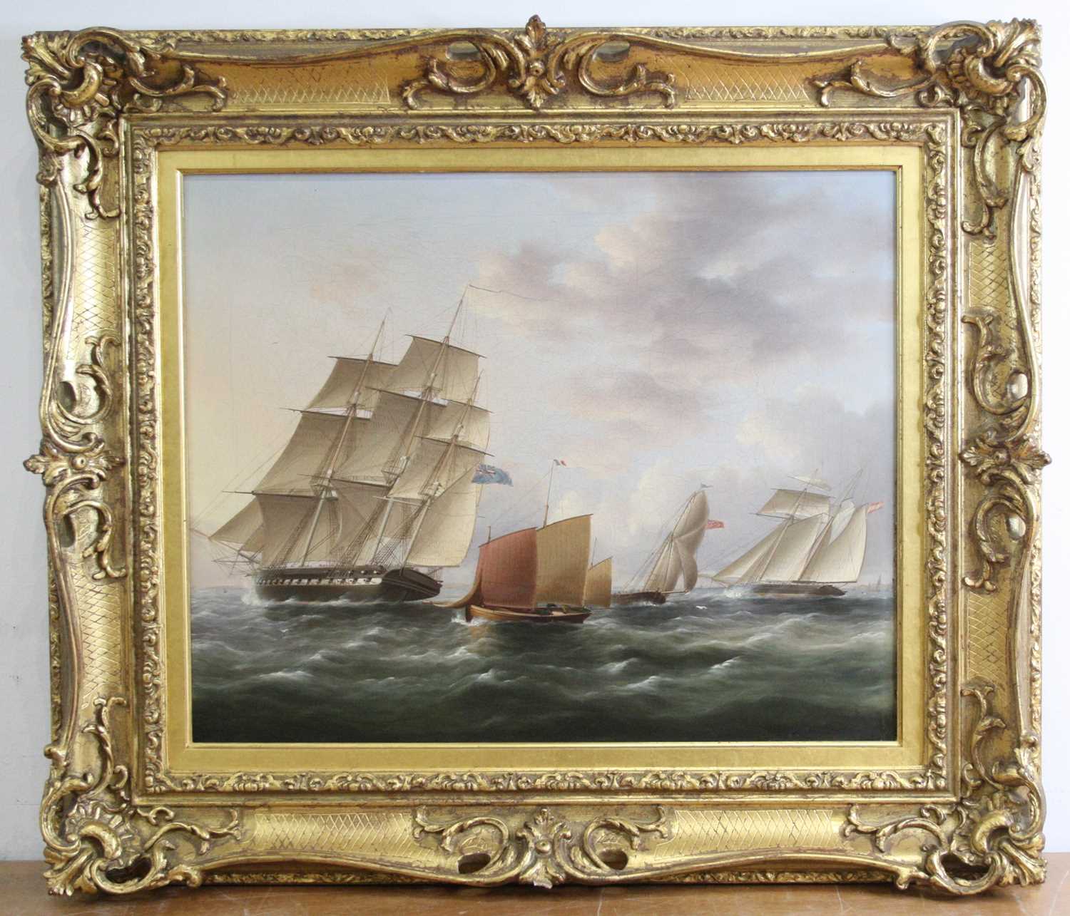19th century English school - Naval frigate and sailing vessels leaving harbour, oil on canvas (re- - Image 2 of 3