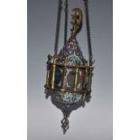 A Damascus cuerda seca mosque lamp of brass and copper construction, the enamelled domed cover