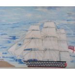 A late Victorian sailor's woolwork study of a three-masted English naval frigate, 56 x 68cm,