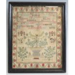 A George III needlework alphabet, verse and picture sampler, by Mary Lambert and dated 1774,