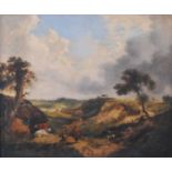 Early 19th century English school - Extensive landscape with figures and cattle, oil on canvas (re-