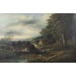 L Mayor - Extensive landscape with figures before thatched cottages, oil on canvas (re-lined),