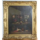 19th century English school - Dead game in a larder, oil on canvas, 59 x 49cm