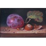 Raymond Campbell (b.1956) - Still life with plum and hazelnut, oil on panel, signed lower right,