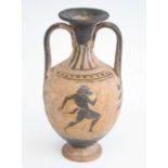 A pottery vase, of amphora shape having twin handles, the frieze decorated in the black figure