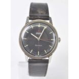 A stainless steel gent's Omega Seamaster automatic wristwatch, having a round black baton dial and