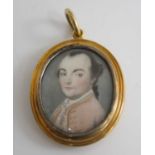 Circa 1830 English school - bust portrait of a gentleman wearing a pink tunic, miniature watercolour