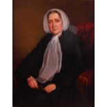 Mid-19th century English school - Portrait of a mature woman seated upon an armchair and wearing a