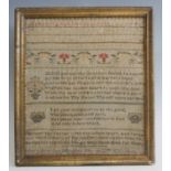 A George IV needlework alphabet and verse sampler, by Mary Ann Coy Billinghay and dated March 22nd