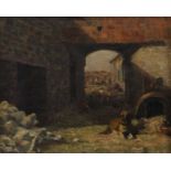 George Thomas Rope (1845-1929) - Farmyard with guard dog and chickens, oil on canvas board, 25 x