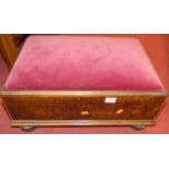 A burr walnut low rectangular footstool, with upholstered top, w.51.5cm