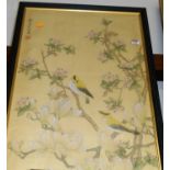 A 20th century Japanese gouache on silk, depicting birds upon flowering bamboo, studio seal and