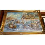 R Lockwood - British Man o' war ships fighting the Spanish Armada, oil on canvas, signed and dated