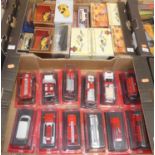 Two boxes of modern issue diecast to include Del Prado fire engines, Matchbox models of