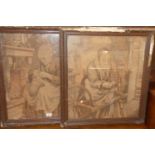 A pair of continental tapestries depicting interior scenes, each in glazed frames (a/f) 47x42cm