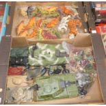 Two boxes of mixed modern issue toys to include military tanks, figures etc and a box of plastic