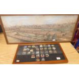 A small quantity of locomotive pin badges, and a mid 20th century watercolour depicting trains