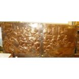 A pair of 20th century copper panels showing tavern scenes, each mounted but unframed, 60 x 63cm