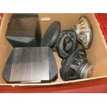 A box of various car speakers and a pair of Kenwood home speakers