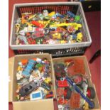 Three boxes containing a quantity of various playworn diecast toys, and a box of mixed playworn