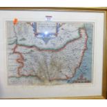 After Christopher Saxton, engraved county map of Suffolk being later hand coloured, 28x38cm