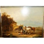Continental School - Travellers with horses and cart in a landscape, heightened colour print, 46 x