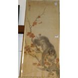 A Japanese watercolour on silk, signed and with studio seal (badly stained and with losses), 100 x