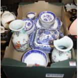 A box of various ceramics to include a pair of Chinese vases and a Burleighware willow pattern