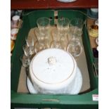 A box of glassware and ceramics to include a Victorian stilton dish