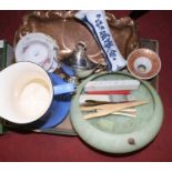 A box of glassware, metalware and ceramics, to include a repousse decorated copper tray, green glass