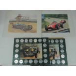 Two sets of Historic Cars collectors coins; together with four Graham Turner motor racing prints