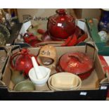 Two boxes of ceramics, to include red glazed earthenware cookware