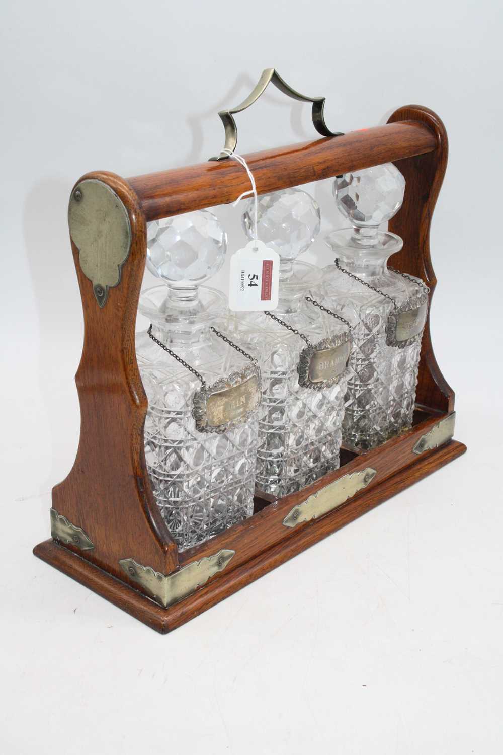 An oak cased three decanter tantalus, w.34cm, each decanter bearing a silver label, inscribed for - Image 2 of 2