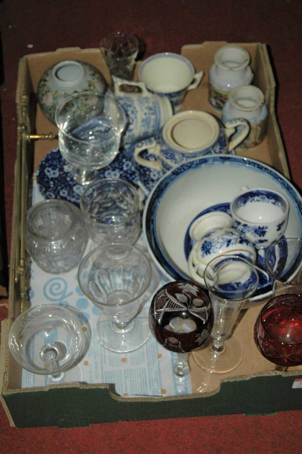 A box of 19th century and later glassware and ceramics to include a rummer and a Chinese ginger jar