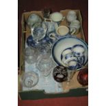 A box of 19th century and later glassware and ceramics to include a rummer and a Chinese ginger jar