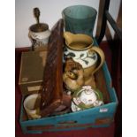 A box of various ceramics and glassware, to include Alberilla table lampLarger jug chipped as