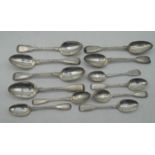 A harlequin set of seven silver dessert spoons, in the Fiddle & Thread pattern; together with six