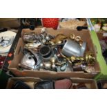 A box of metalware, to include Victorian brass candlestick