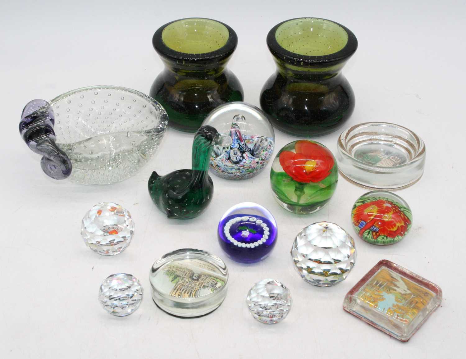 A small collection of miscellaneous glassware, to include a pair of Whitefriars style green tinted