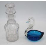 A 19th century glass decanter, of mallet form, h.28cm; together with an Italian glass swan (2)