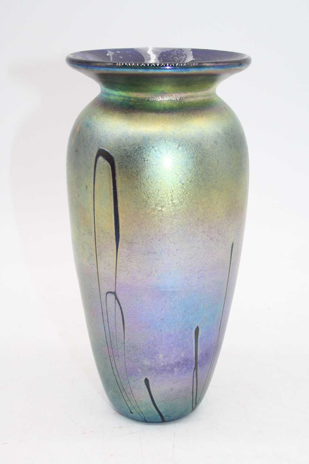 A late 20th century iridescent glass vase, having a flared rim to a tapering body, with indistinct - Bild 2 aus 2