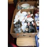 A box of vintage ceramics, metalware and dolls, to include a pierced brass trivet