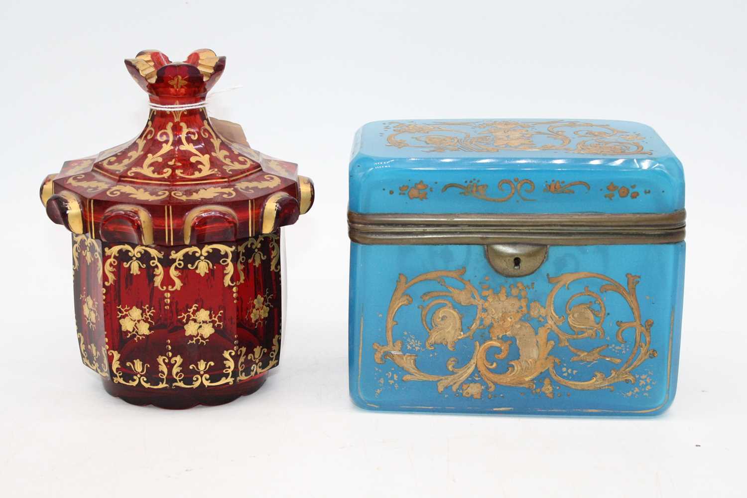 A late 19th century French blue glass table cabinet, of rounded rectangular form, having all-over