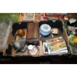 A box of mixed miscellaneous items, to include a George III mahogany tea caddy and Royal Crown Derby