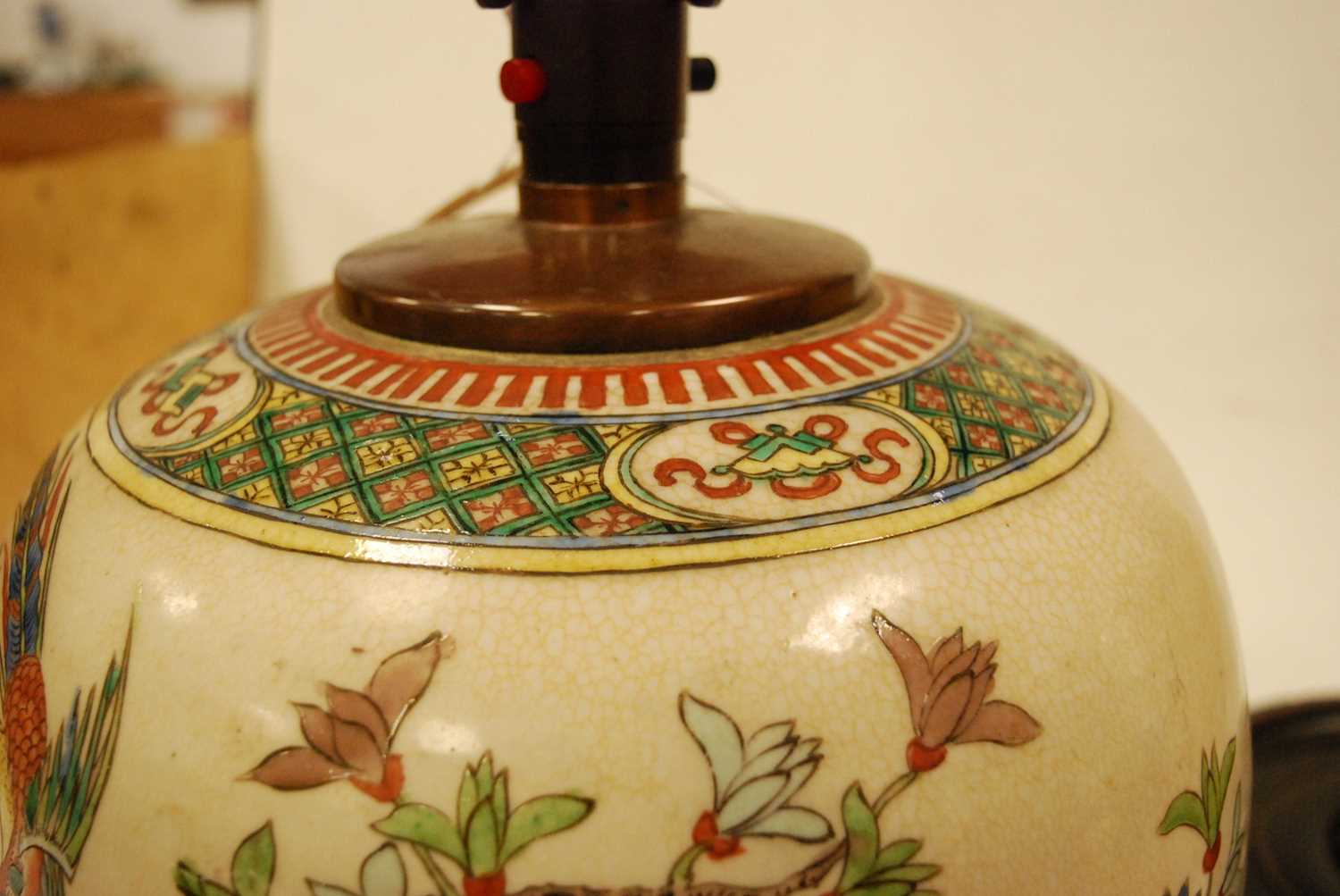 A Chinese export porcelain jar, later converted to a table lamp, enamel decorated with birds amongst - Image 5 of 5