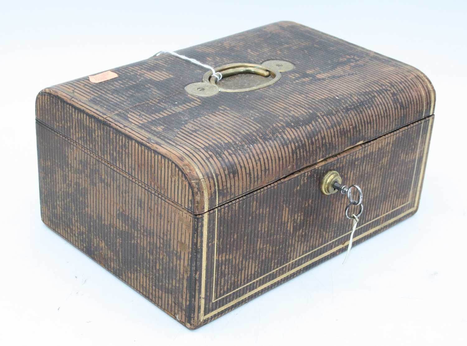 A 19th century tan leather clad jewellery box, having Bramah lock, inscribed Miller Maker Park