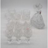 A suite of six crystal wine hocks; together with a decanter and six further glasses