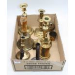 A collection of metalware, to include a pair of Victorian brass candlesticks, h.22cm