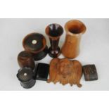 A box of miscellaneous items, to include a lacquered pocket snuff box, yew wood coasters, treen etc